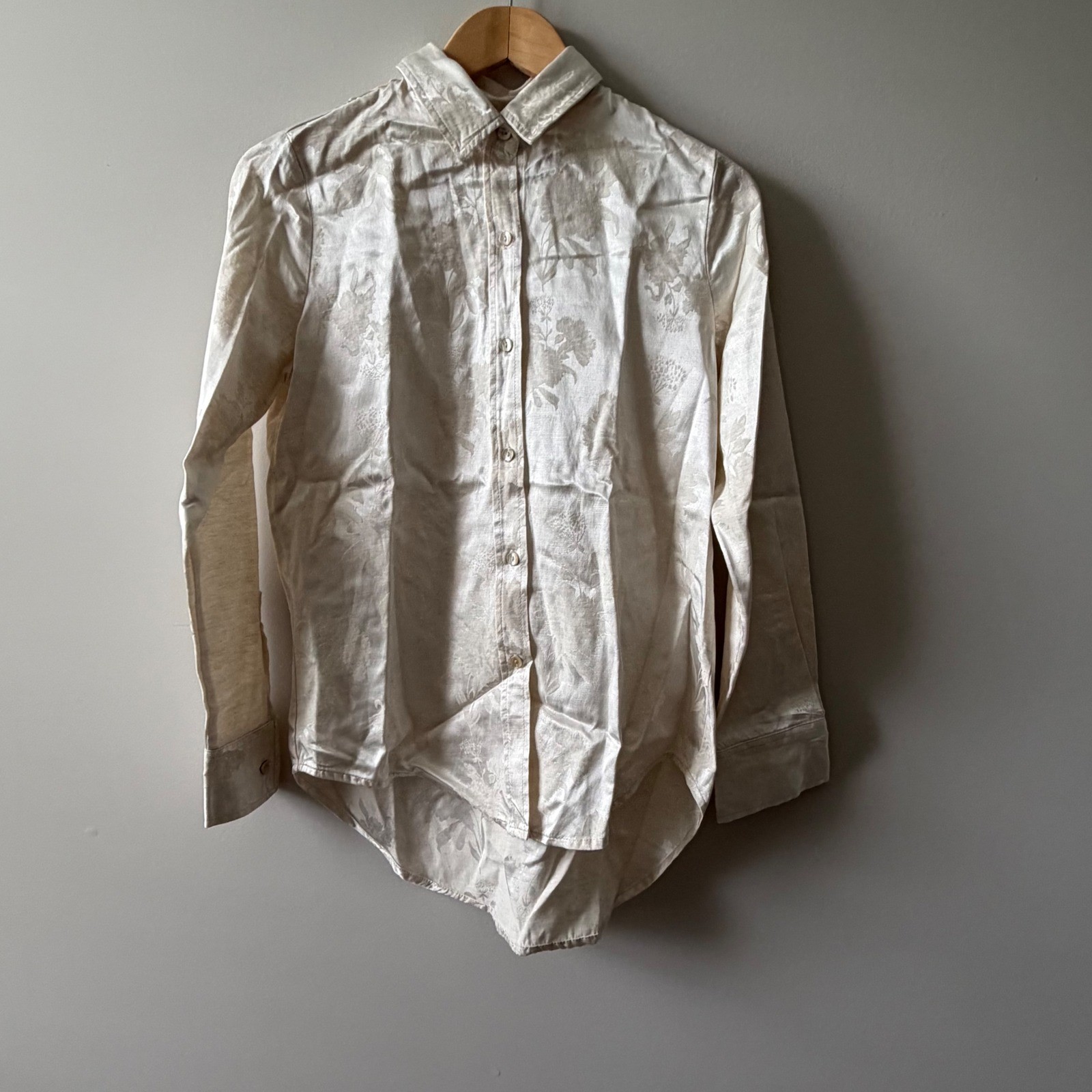 Lanhtropy Ivory Garden Blouse Floral Brocade Linen Cotton Button Down Top Small