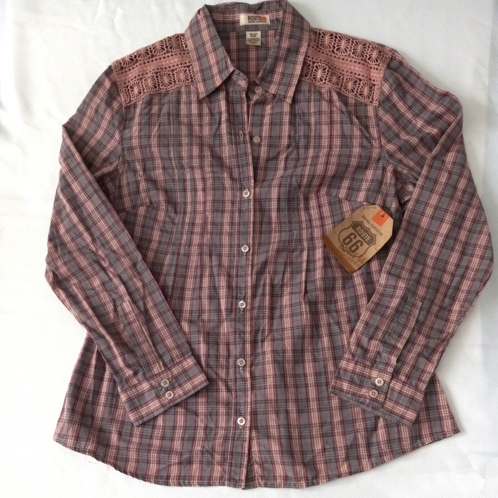 Route 66 Womens Lg LongSleeve Plaid ButtonUp Shirt Maroon Mauve Green Embroidery