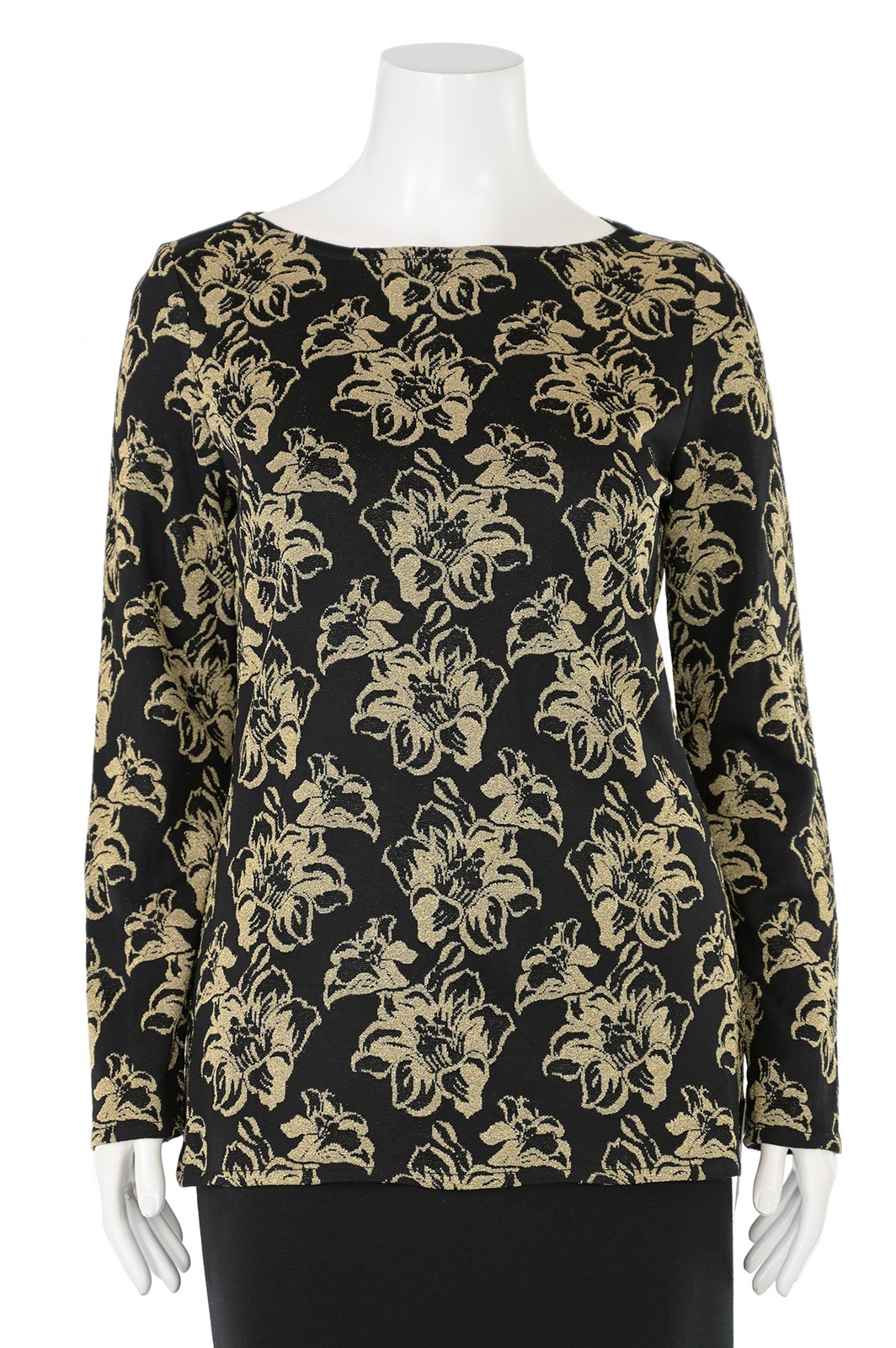 *GLITTERY!* St. John Knits Floral Knit Tunic Top sz 10 in Black/Gold Metallic