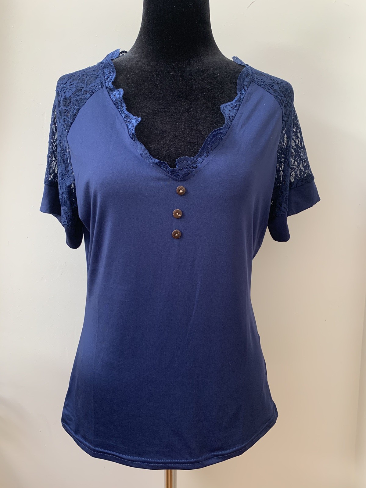 Ladies Blouse Top size 12 Navy Blue Satin feel Lace detail Pit to pit 18 “/46cm
