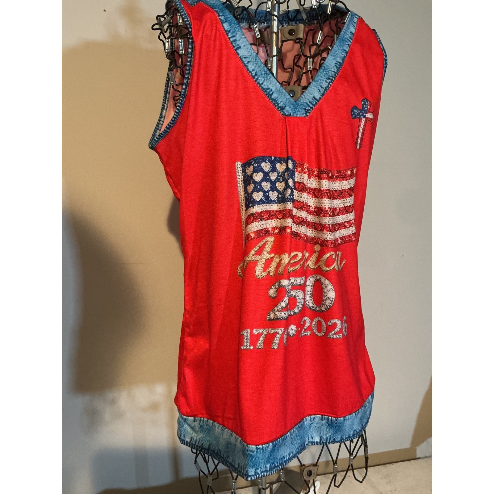 America 250 Patriotic Tank Top Red Faux Denim V-Neck USA Flag Cross Medium