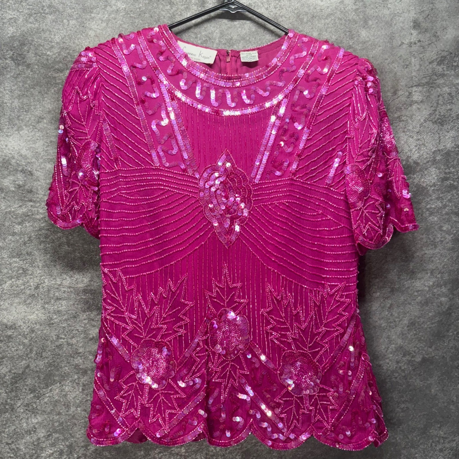 Laurence Kazar Fuchsia Pink Beaded Silk Top Blouse Size PS Sequin Floral Blouse