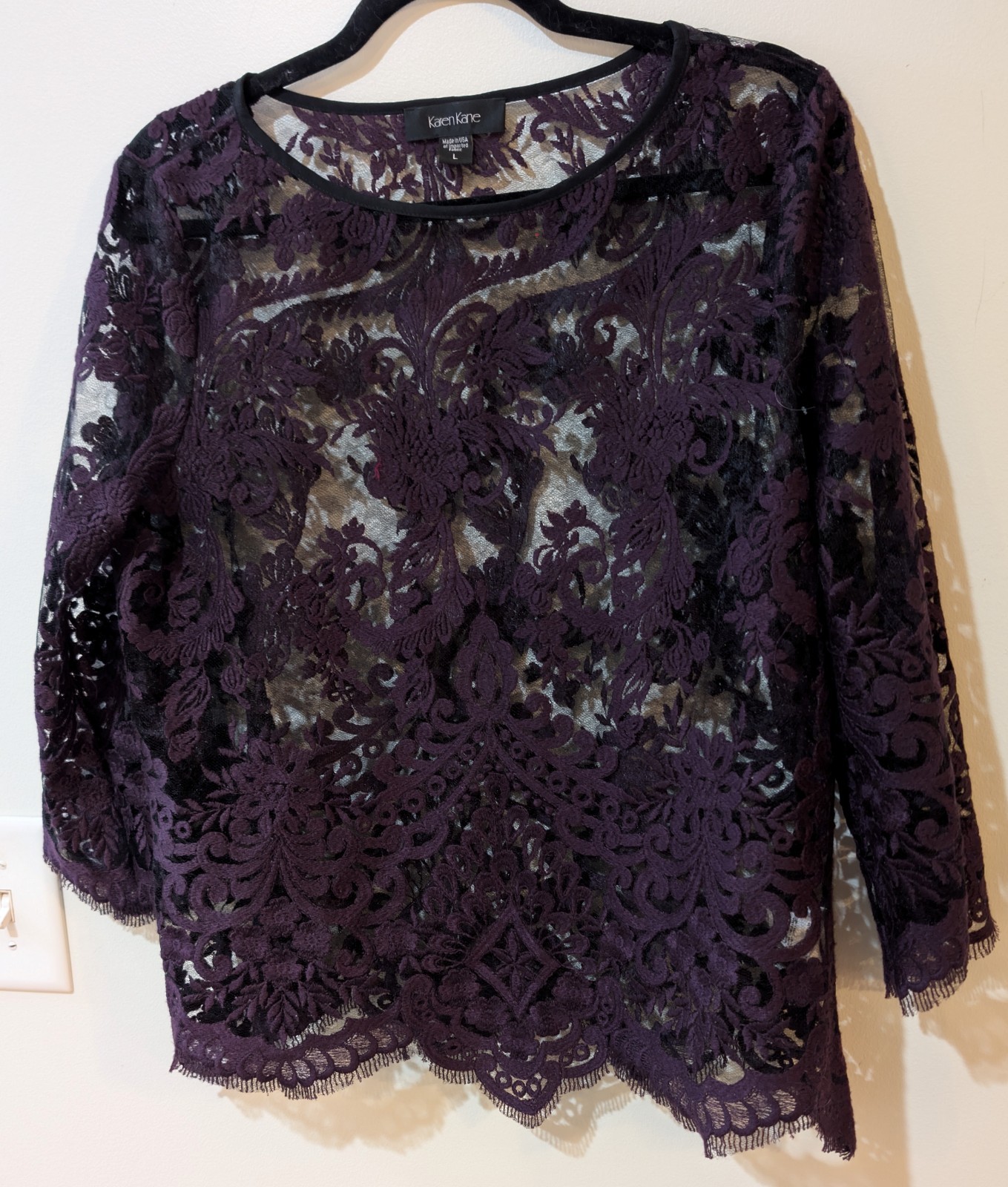 Karen Kane Dark Plum Lace Top Blouse Size L Boatneck Eyelash Lace Hem Pristine