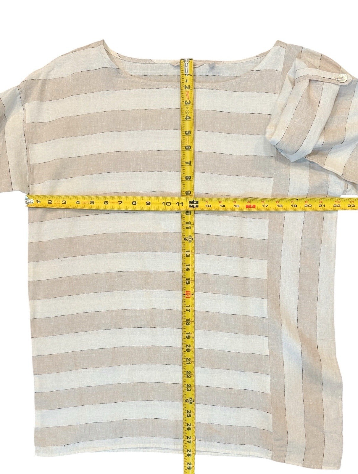 Soft Surroundings Striped Linen Tunic Top M 3/4 Tab Sleeves Beige Ivory