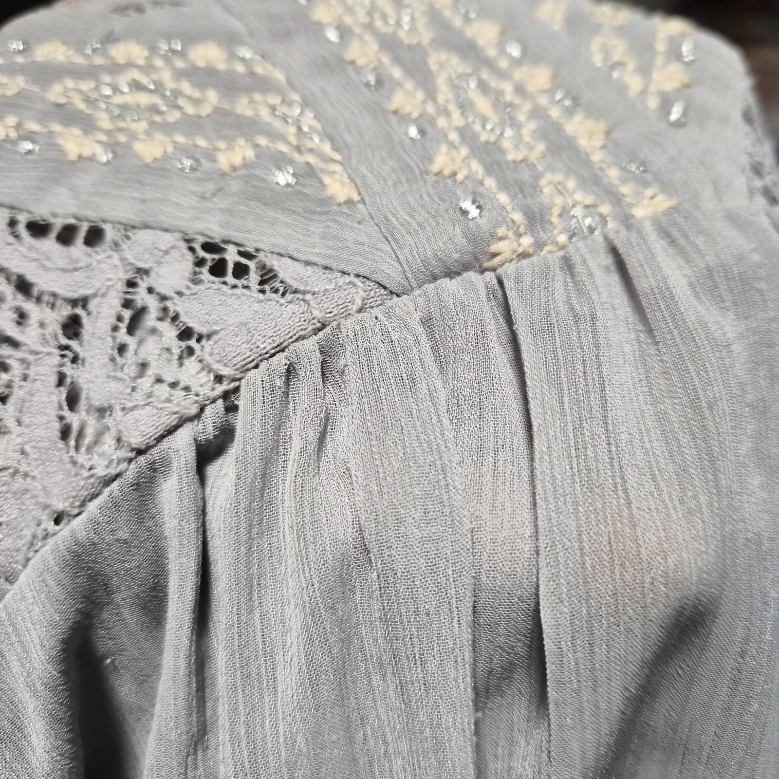 Cottagecore maurices Gray Lace Embroidered Sheer Blouse Top L Boho Fairycore Y2K