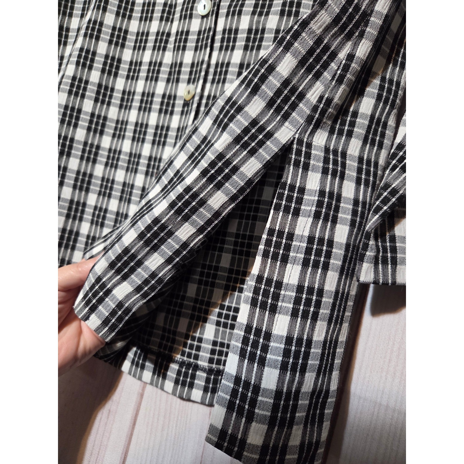 Requirements Womens Plaid Seersucker Button Down Tunic Blouse Black White Small