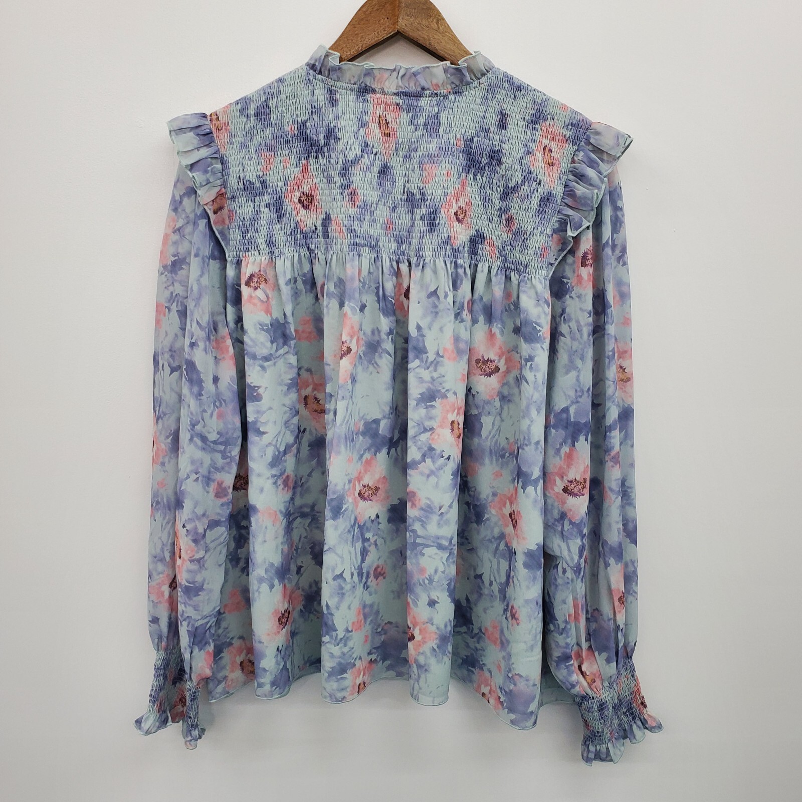 Grace + Karma Womens 1X Pink Blue Floral Smocked Ruffle Long Sleeve Boho Blouse
