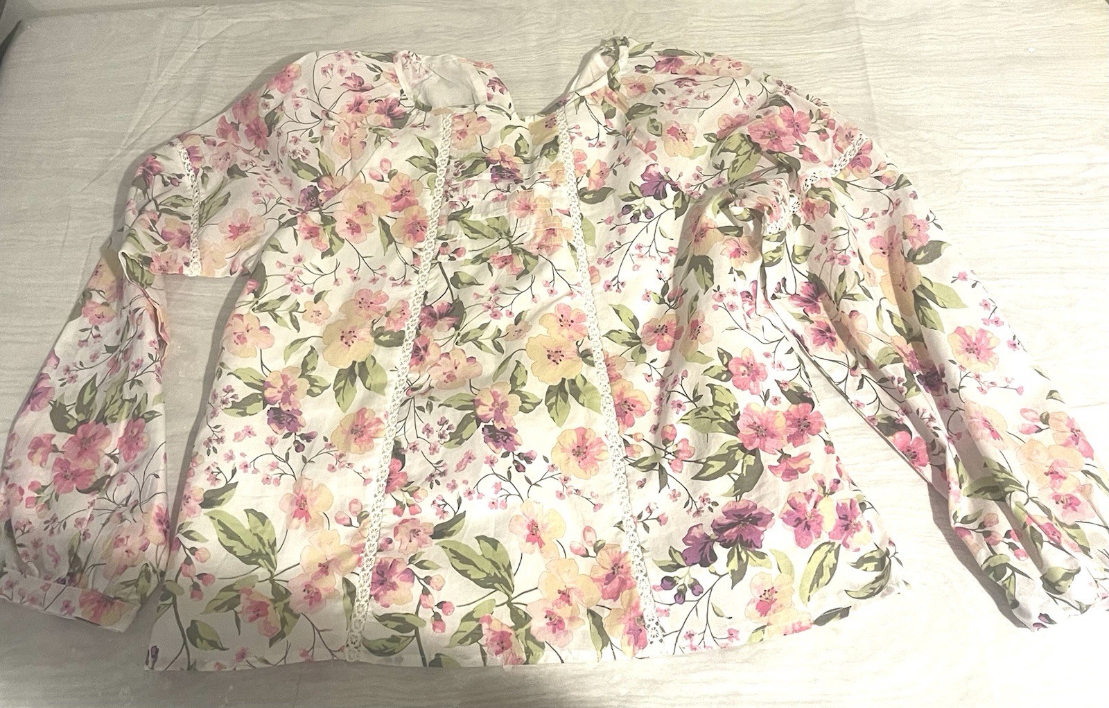 Janie and Jack Floral Square Neck Lace Trim Long Sleeve Button Blouse Size 14