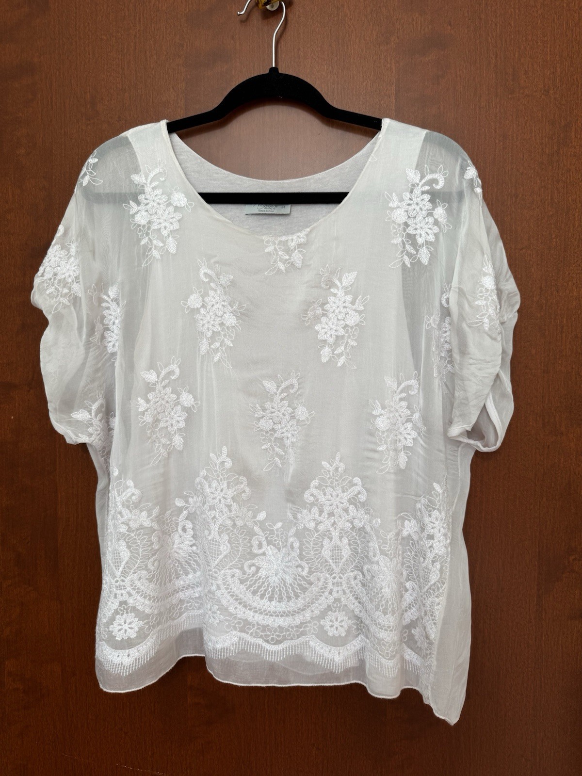 Angela Moda Italian Sheer Embroidery Floral Top, Pale Blush, Made In Italy, Sz M