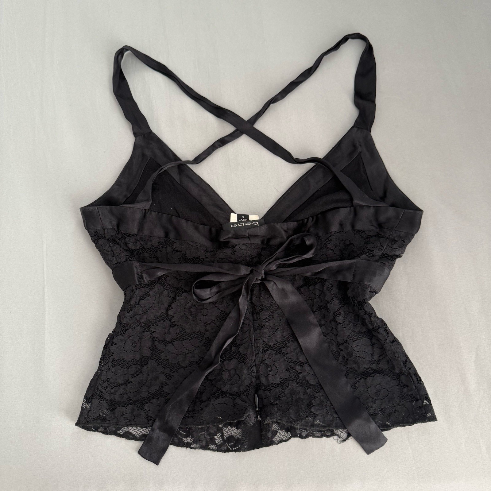 Vintage Y2K Bebe Top Sz S Silk Trim Babydoll Lace Tie Cross Back Romantic Fairy
