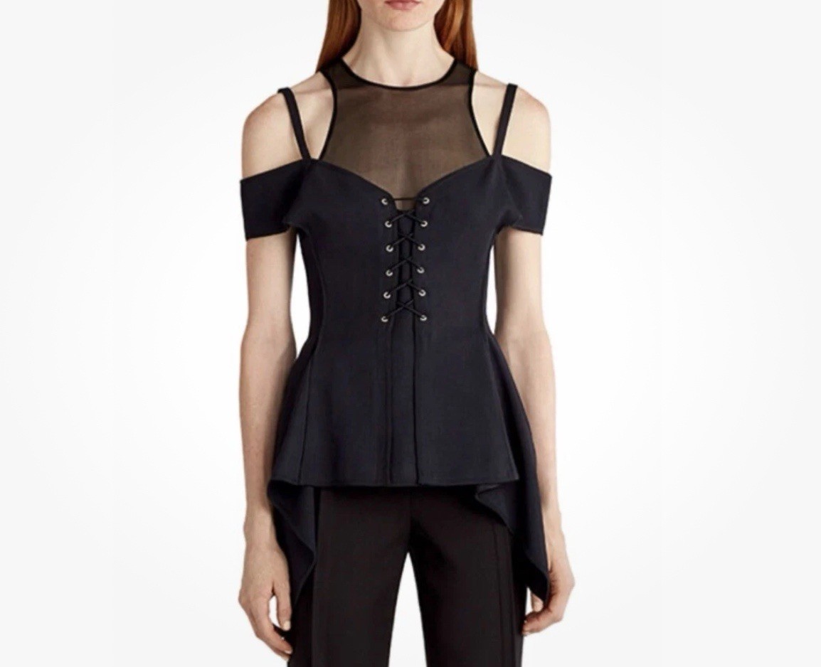 Jason Wu Collection Black Corset Peplum Top Lace Up Mesh Cold Shoulder Size 4