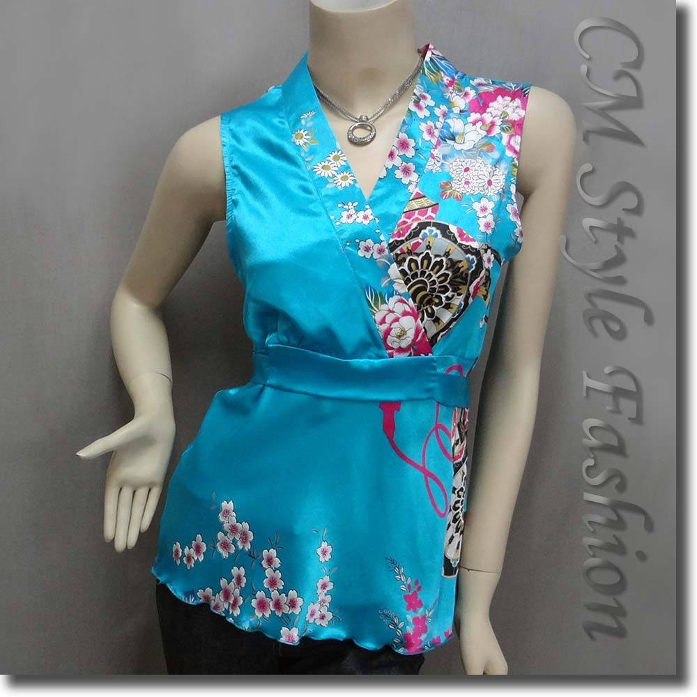 Japanese Kimono Sleeveless Floral Silky Satin Tank Top Blue S/M/L/XL/2XL/3XL