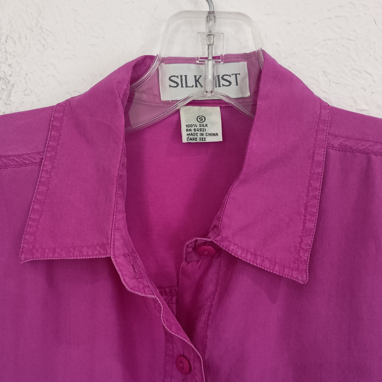 Silk Mist Short Sleeve Fuscia Silk Blouse, Size S