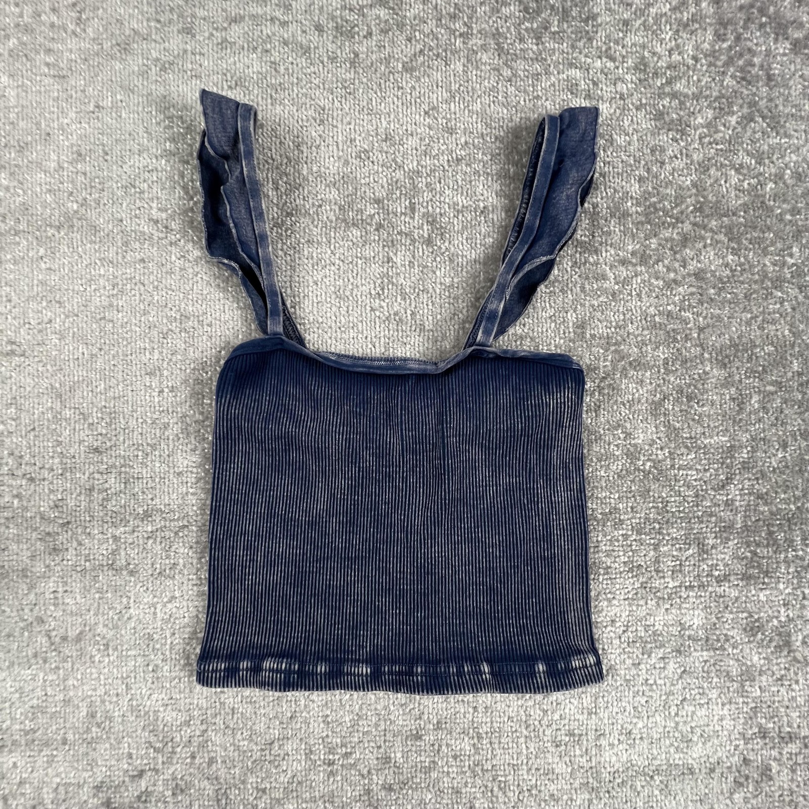 Free People Ribbed Tank Top Womens M/L Blue Cropped Square Neck Strappy Stretch