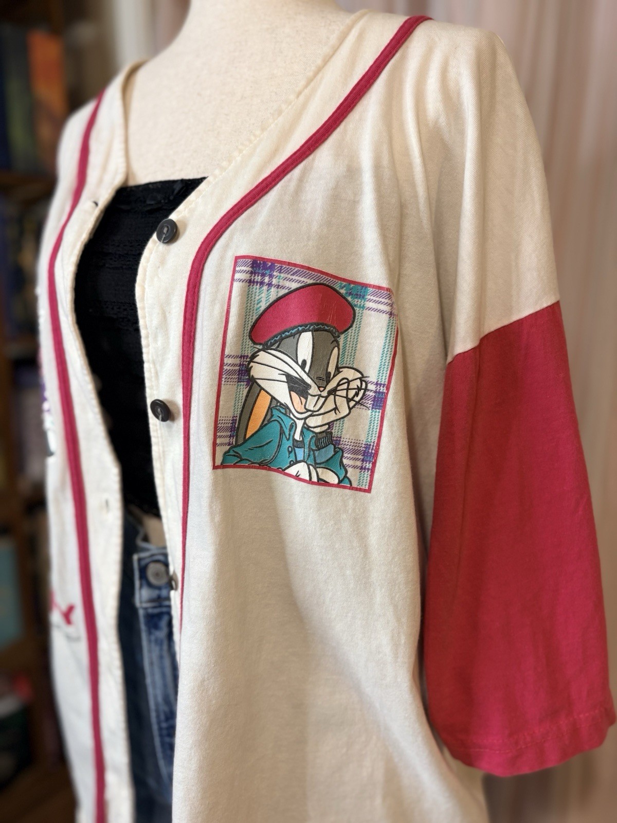 Sun Sportswear Vintage Bugs Bunny Graphic Print Baseball Button Front Top XL