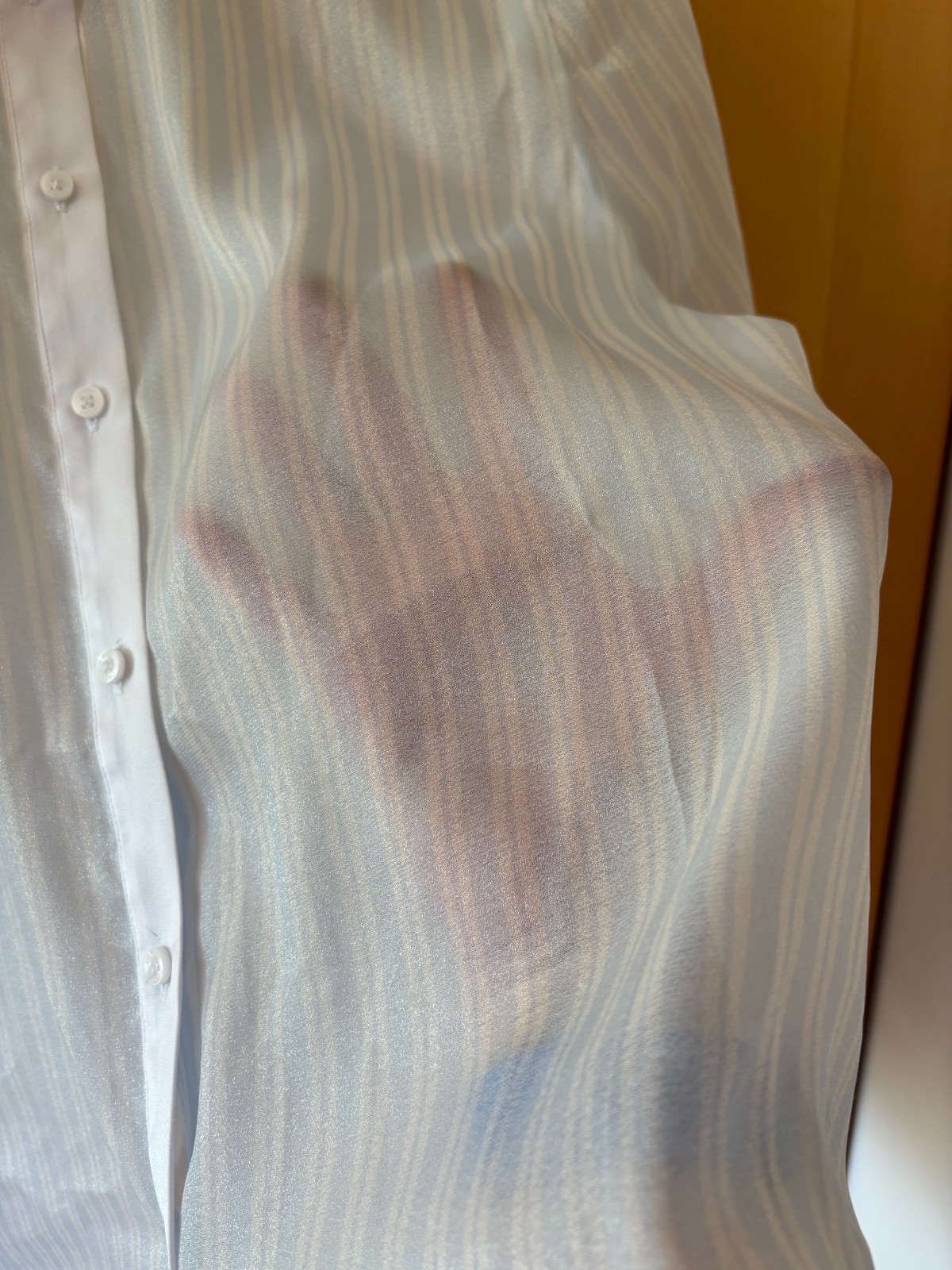 DKNY Pale Aqua Striped Sheer Organza Button Front Shirt, Size Large