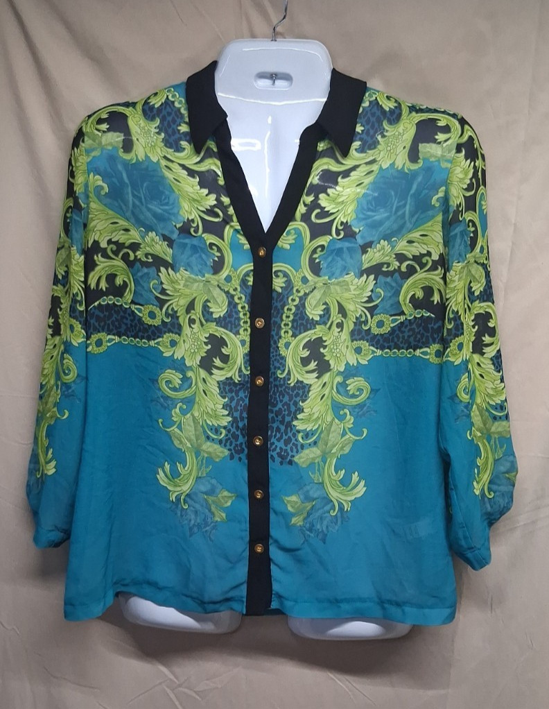 Cato Women Size XL Turqouise & Green Floral Chiffon Sheer Button Up Blouse Shirt