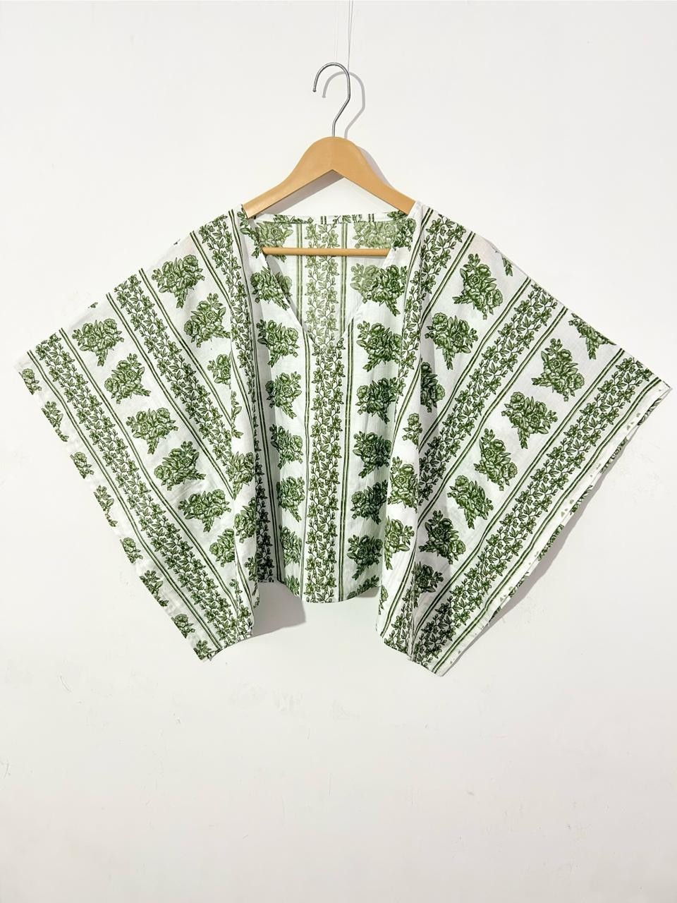 Indian Handmade Cotton Green Floral Women Short Kaftan Top Blouse Tunic Women’s