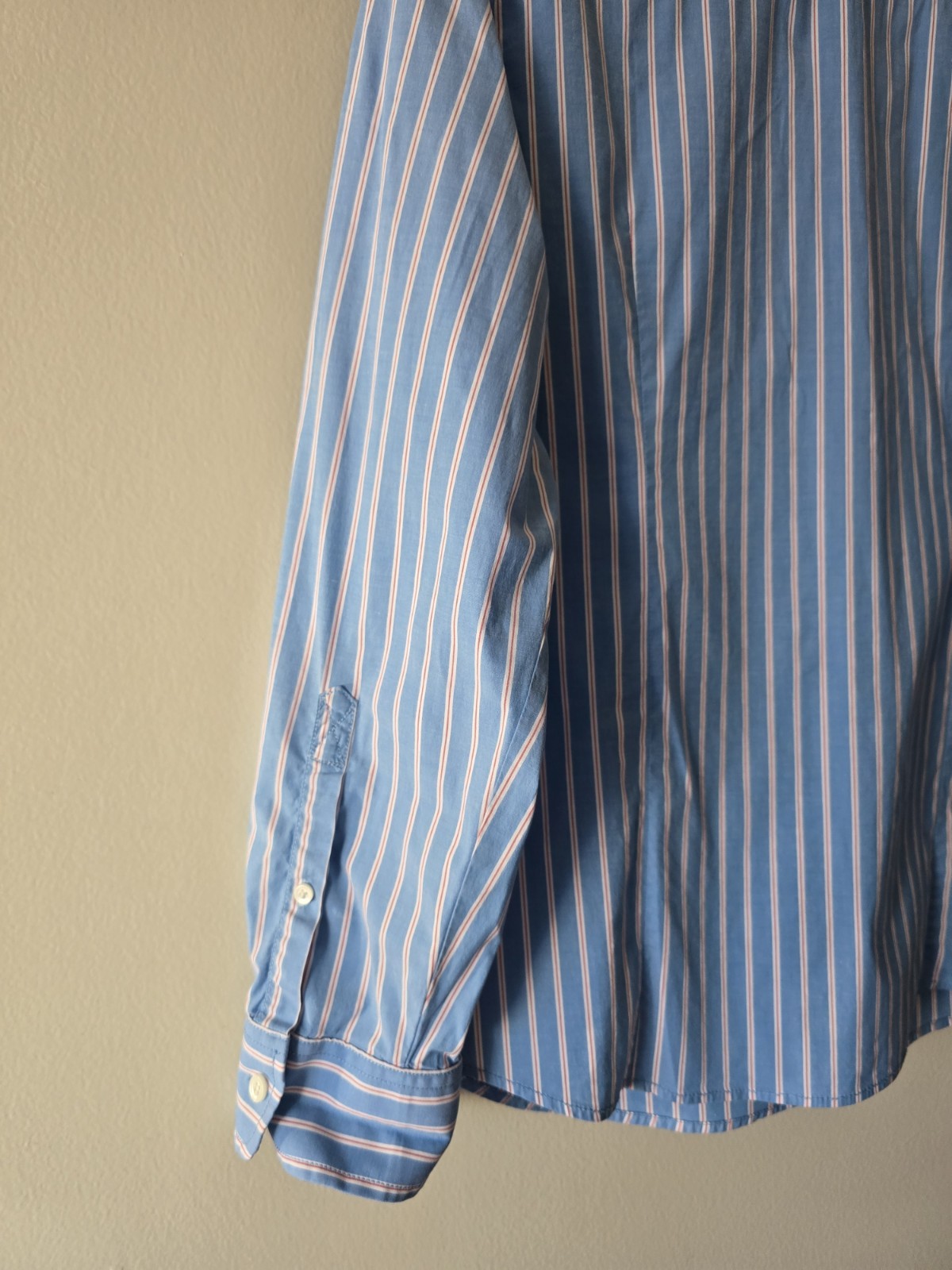 LL Bean Button Down Womens XL Blue/Red Stripe Roll Tab Top Career Casual Preppy