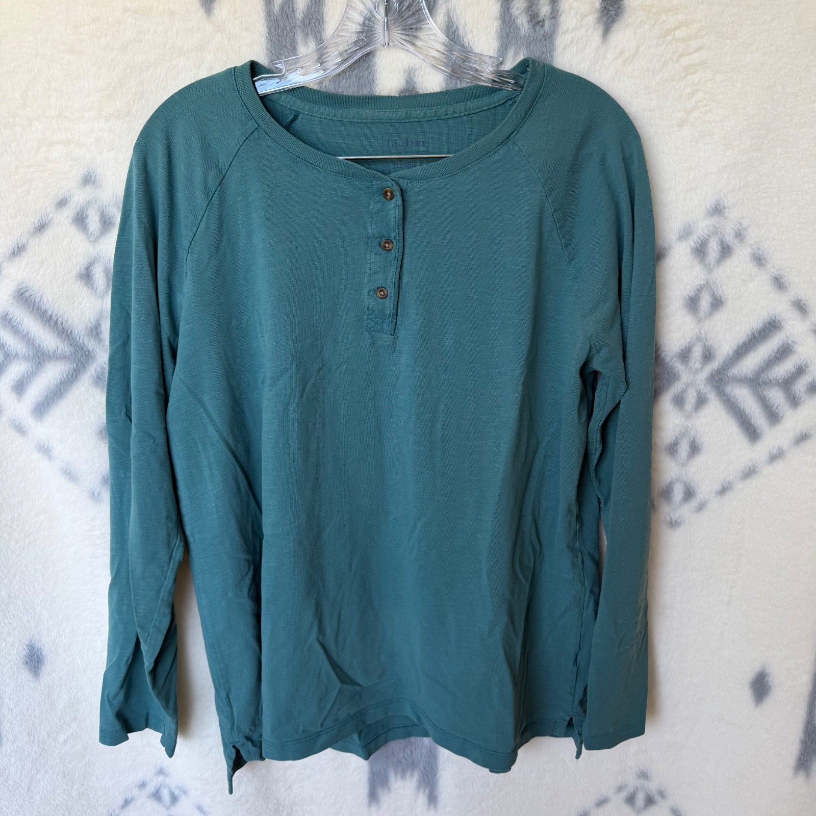 L.L.Bean Womens Teal Henley Long Sleeve Raglan Shirt Size L Regular