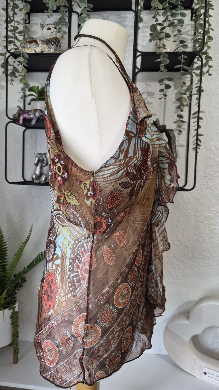 Y2K Pure Silk Sheer Ruffle Asymmetrical Top UK 10 EU 38