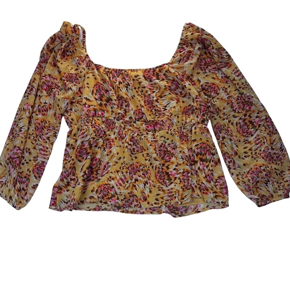 NWT Leopard Smocked Peplum Blouse Yellow Abstract Floral DR2 Women XL Animal