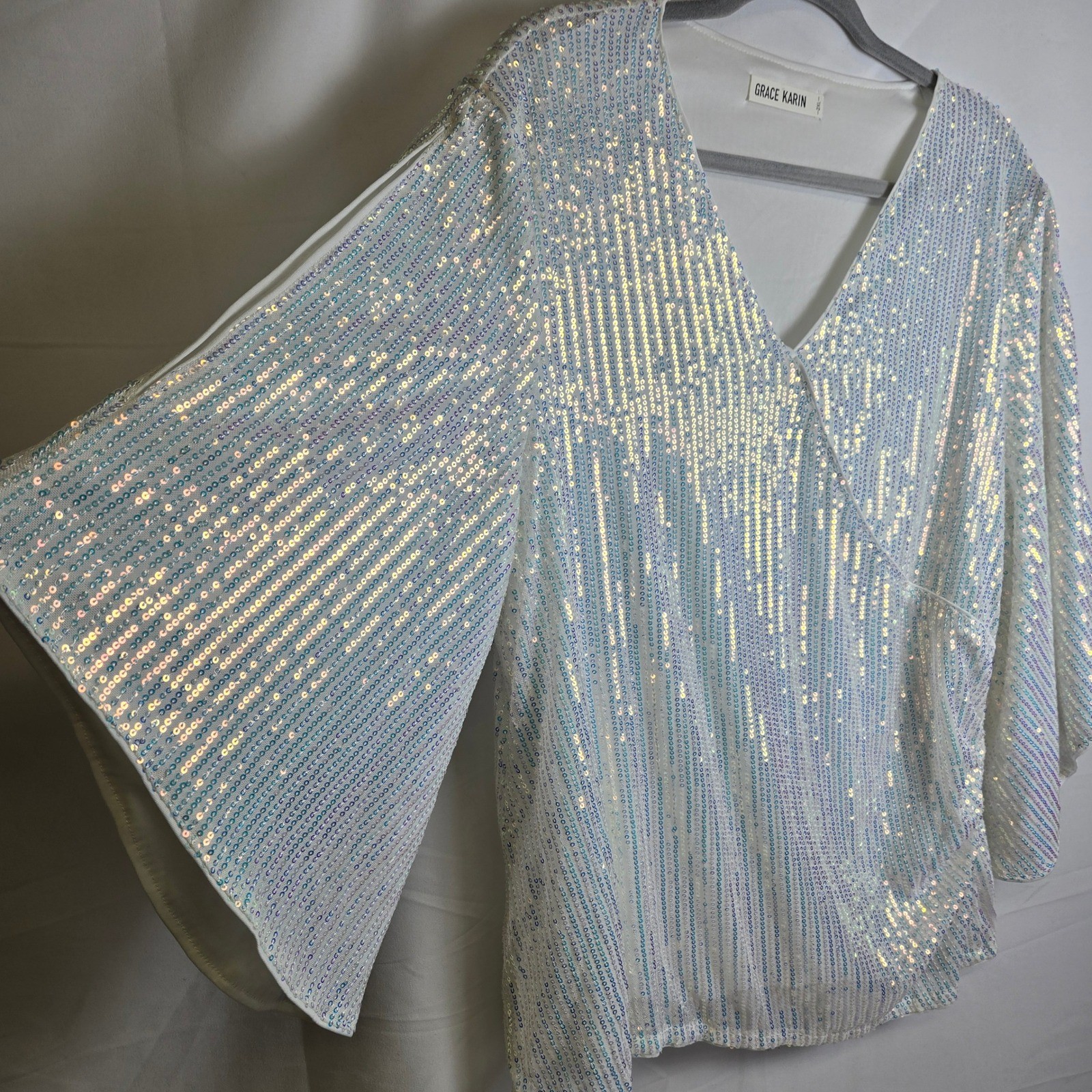 Grace Karin Sparkly Sequin Top 3/4 Bell Sleeves Surplice Neckline White Blue 2XL