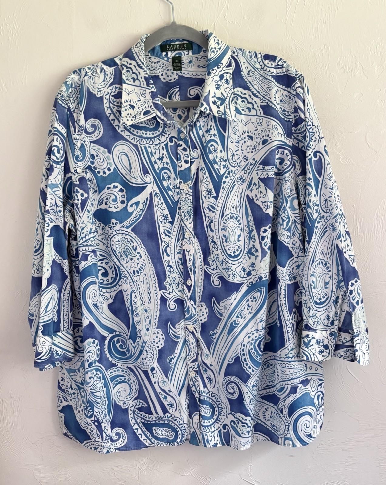 Lauren Ralph Lauren Cotton 3/4 Sleeve “Silky” Sateen Paisley 2X Button Up Shirt