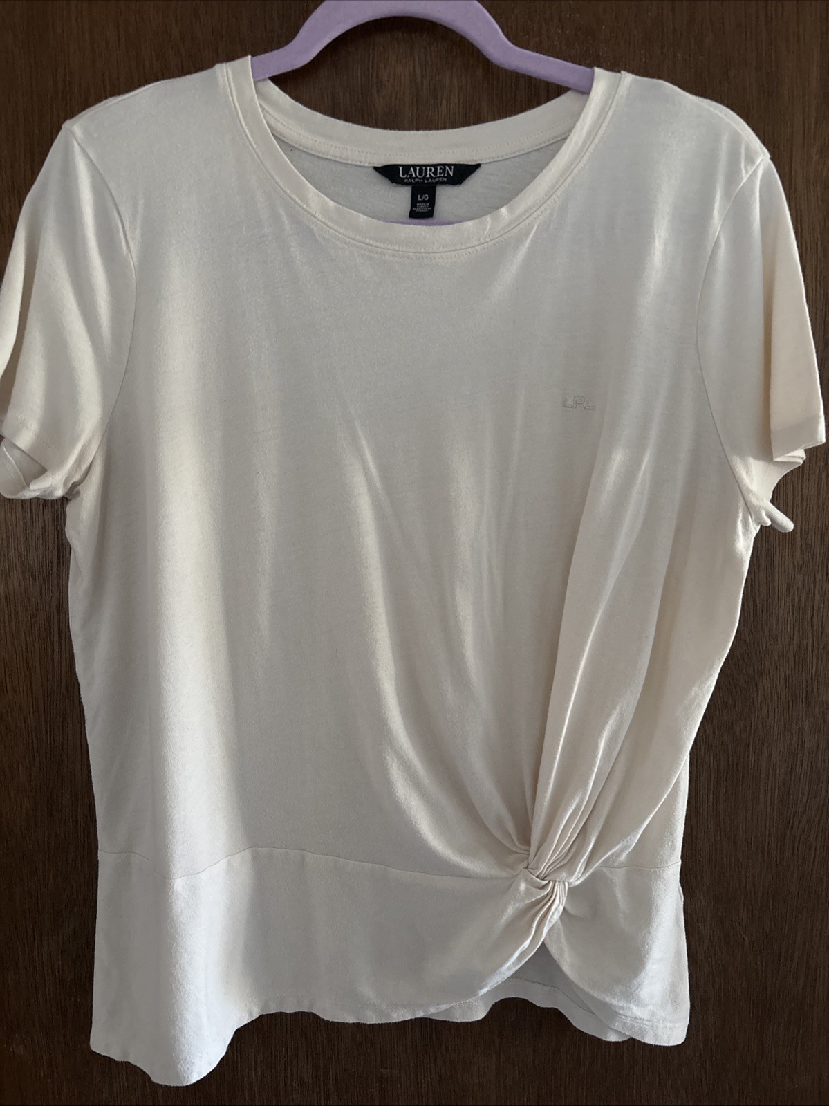 lauren ralph lauren cream crewneck t-shirt side twist knot detail sz L