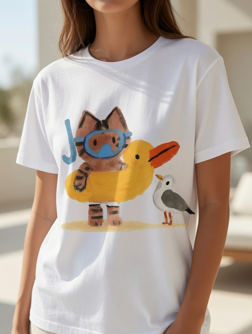 Adorable Cat Snorkeling with Duck Ring T-Shirt | Beach Animal Cartoon Tee