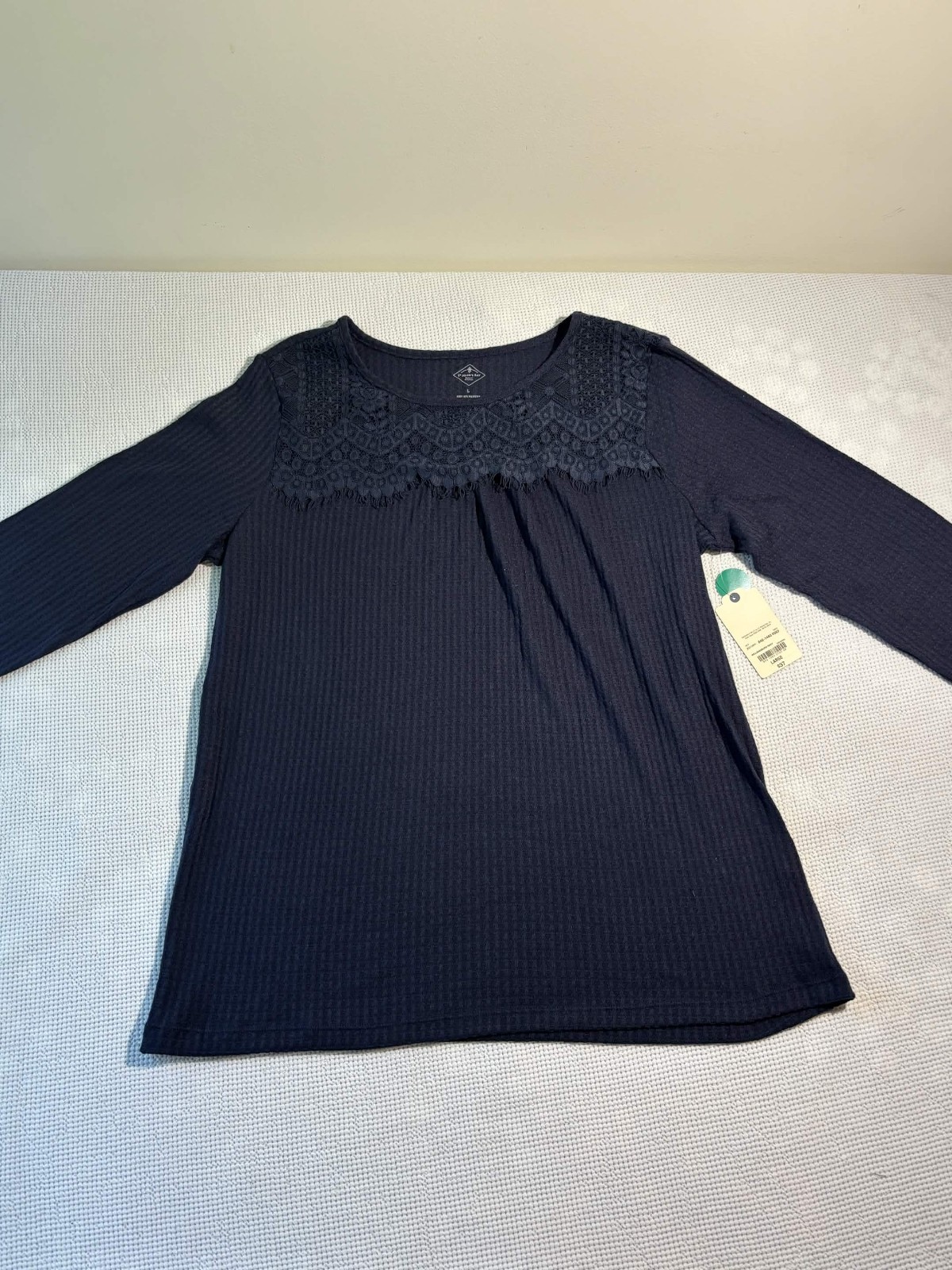 NWT St Johns Bay Top Womens Size L Navy Long Sleeve Lace Neck Casual