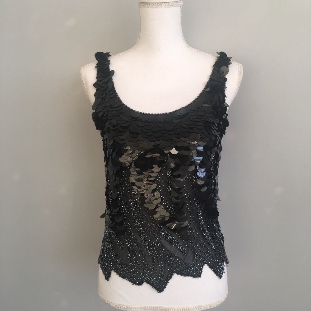 Oleg Cassini Black Sequin Sleeveless Top Medium Stunning Beaded silk (W843)