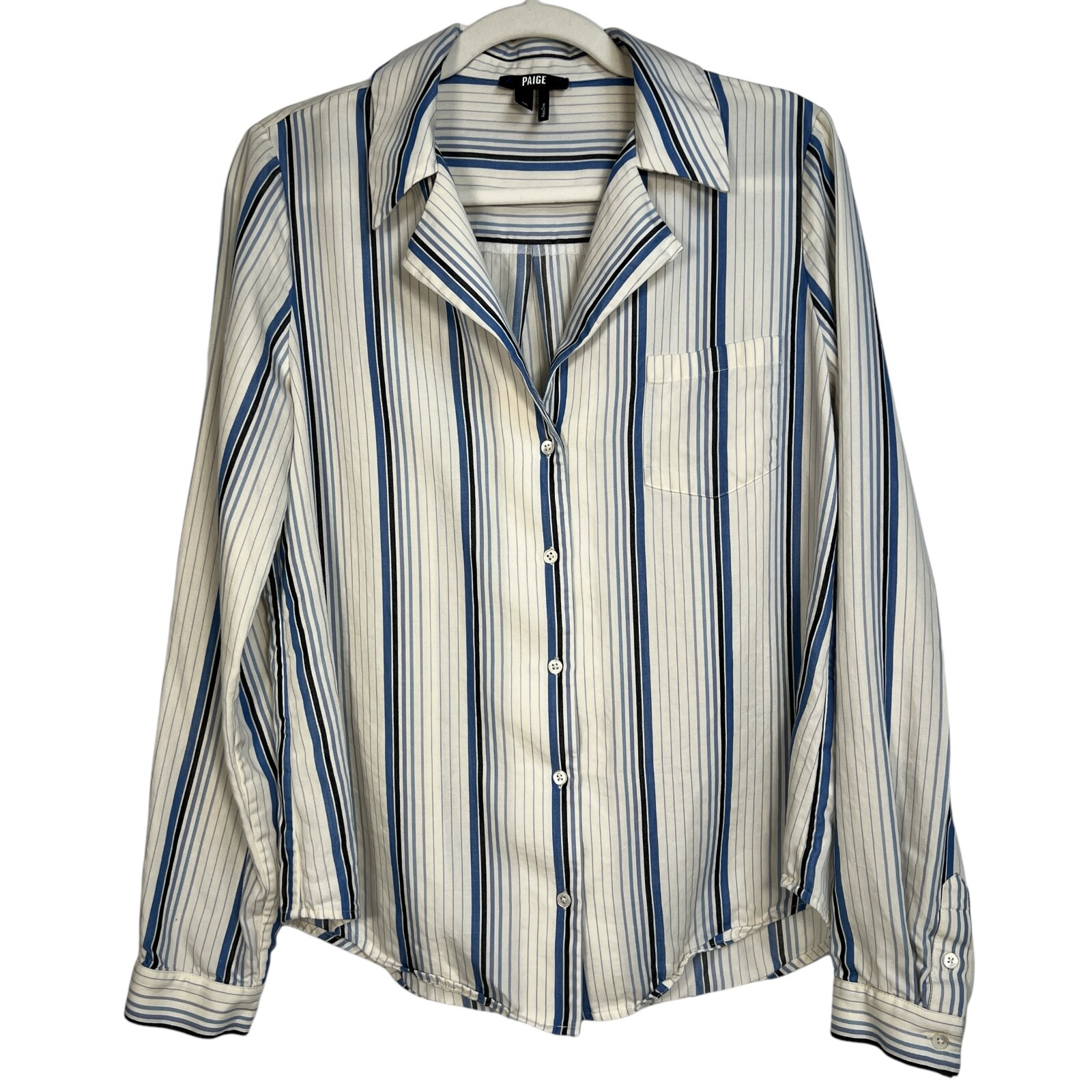Paige Womens White Dream Blue Striped Notch Lapel Collar Button Up Shirt Size M