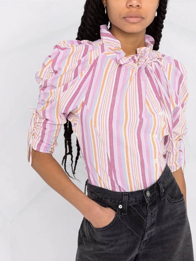ISABEL MARANT Therese striped pink cotton ruffle shirt FR 34 US 2 XS