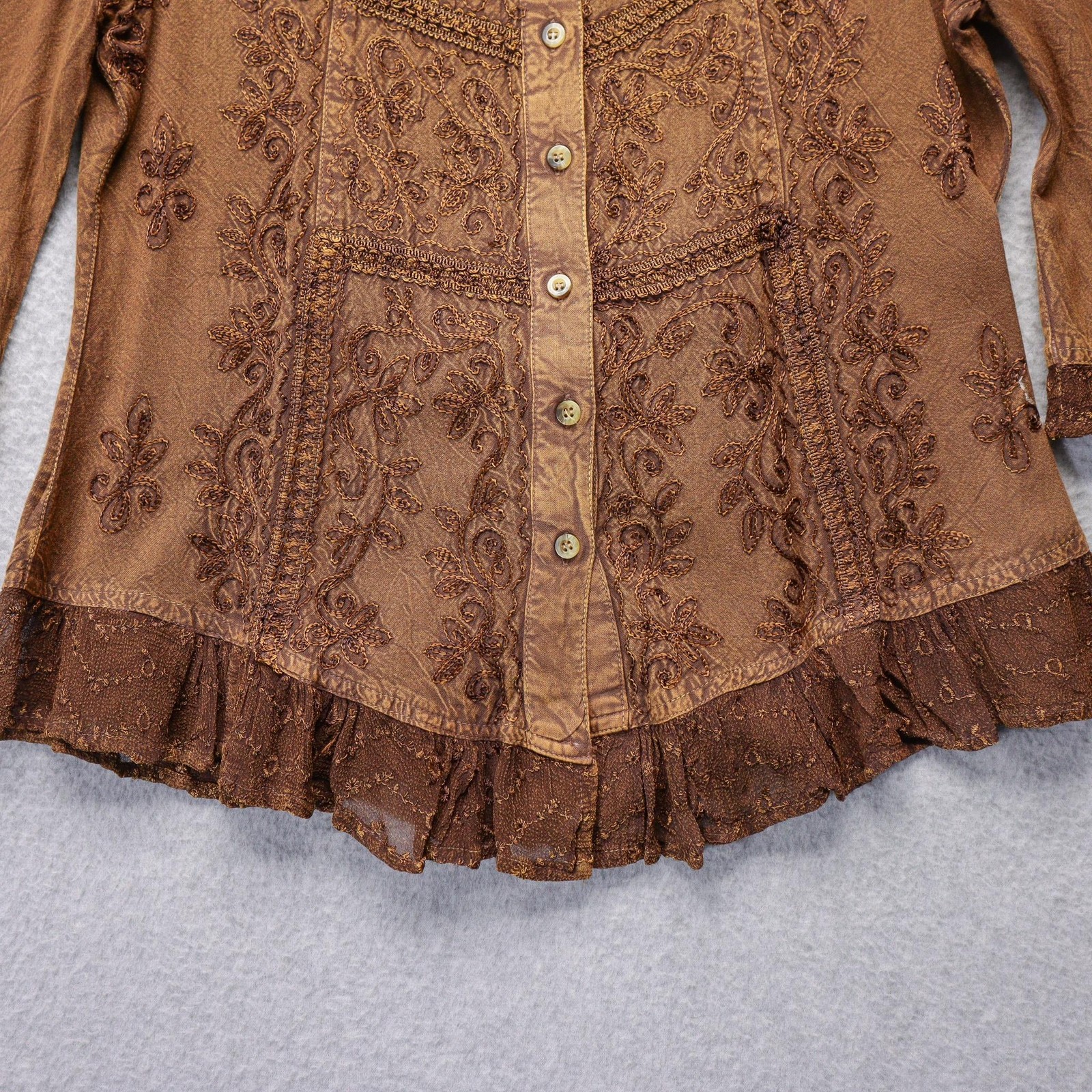 Yeshi Blouse Womens M Brown Embroidered Button Ruffle Fairy Boho Rennaissance