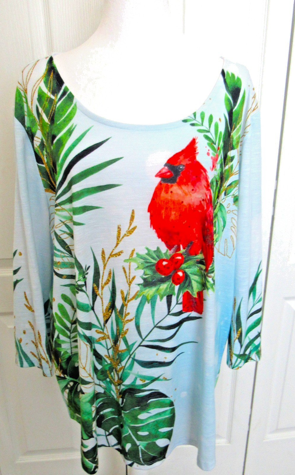 CORAL BAY PLUS SIZE 2X WOMEN’S TOP BLOUSE BLUE GREEN RED CARDINAL PRINT 3/4 SL