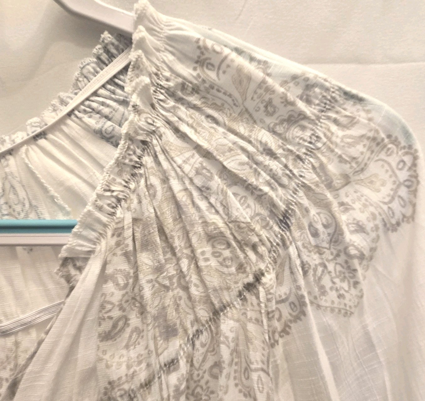 Unique Spectrum Peasant Blouse Women L White Tassel Retro Boho Resort Sheer B400