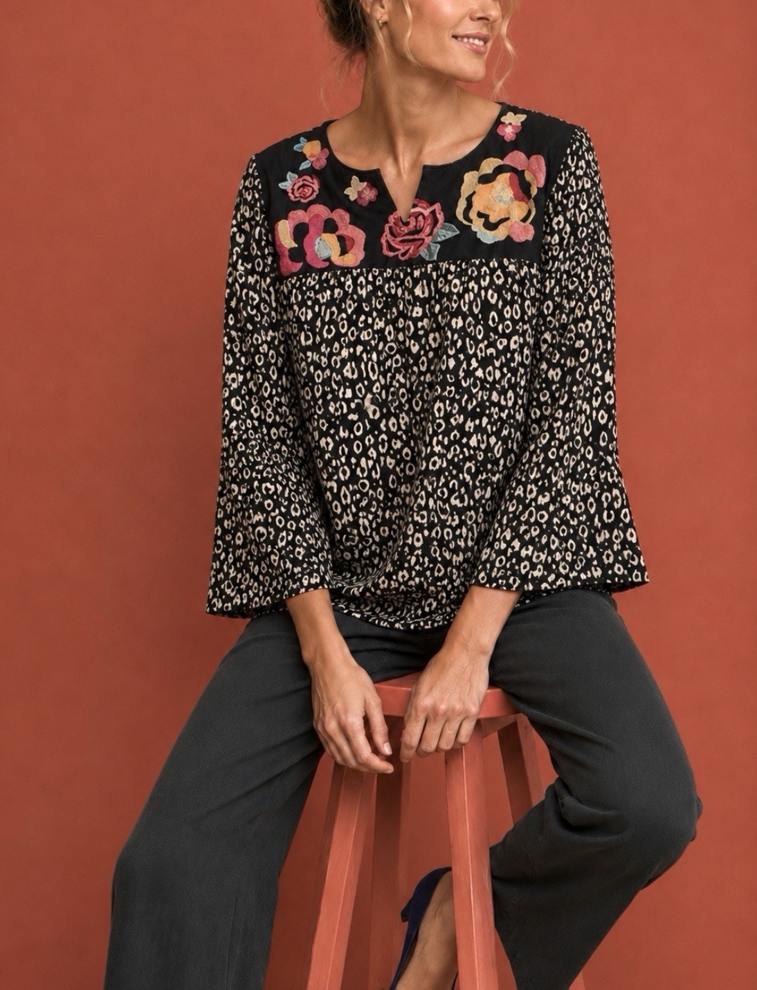 SAVANNA JANE EMBROIDERED BOHO BABYDOLL TOP CRINKLE FLORAL LEOPARD COQUETTE 2X/3X