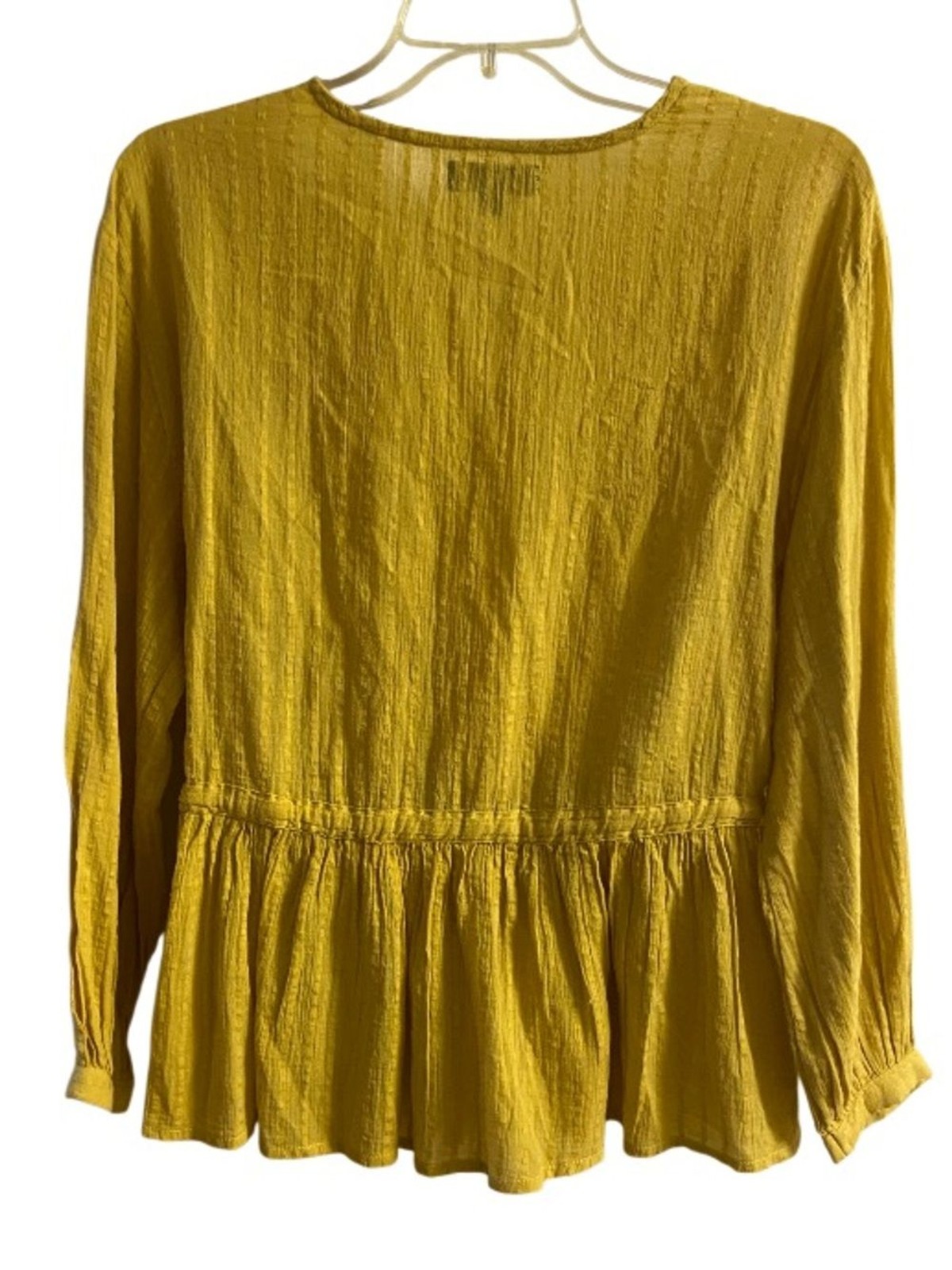 RD+KoKo Anthropologie Yellow Crochet Lace Trim Wrap Surplice Peplum Blouse M