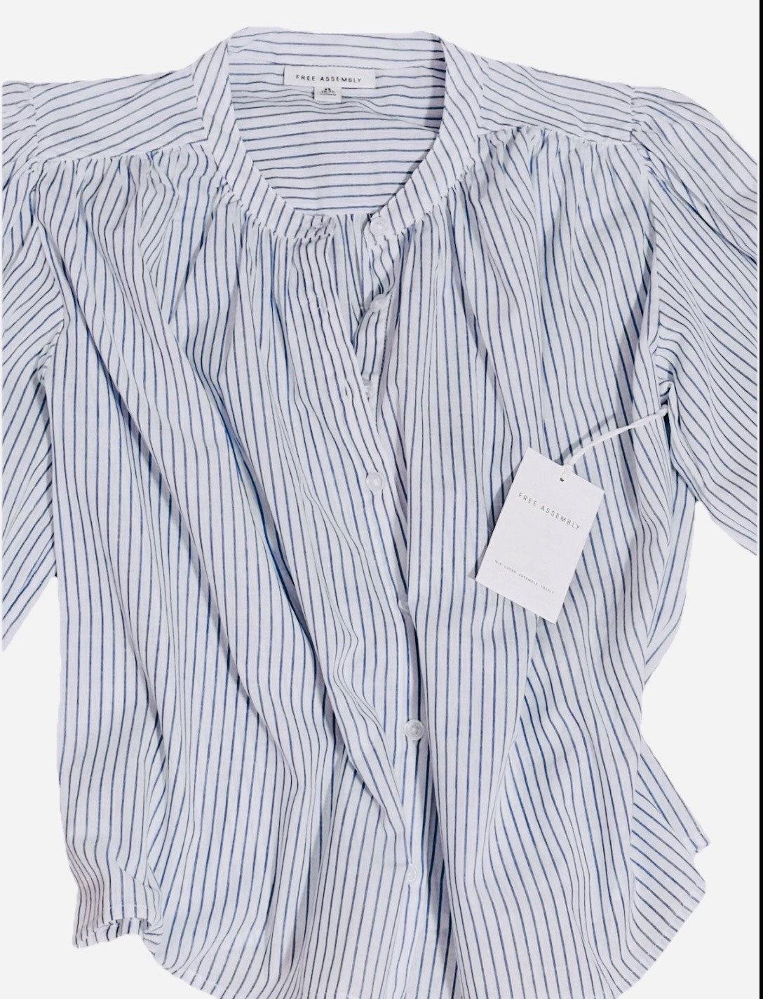 NWT Free Assembly Shirred Cotton Blouse Puff Sleeves Blue & White Strip XS