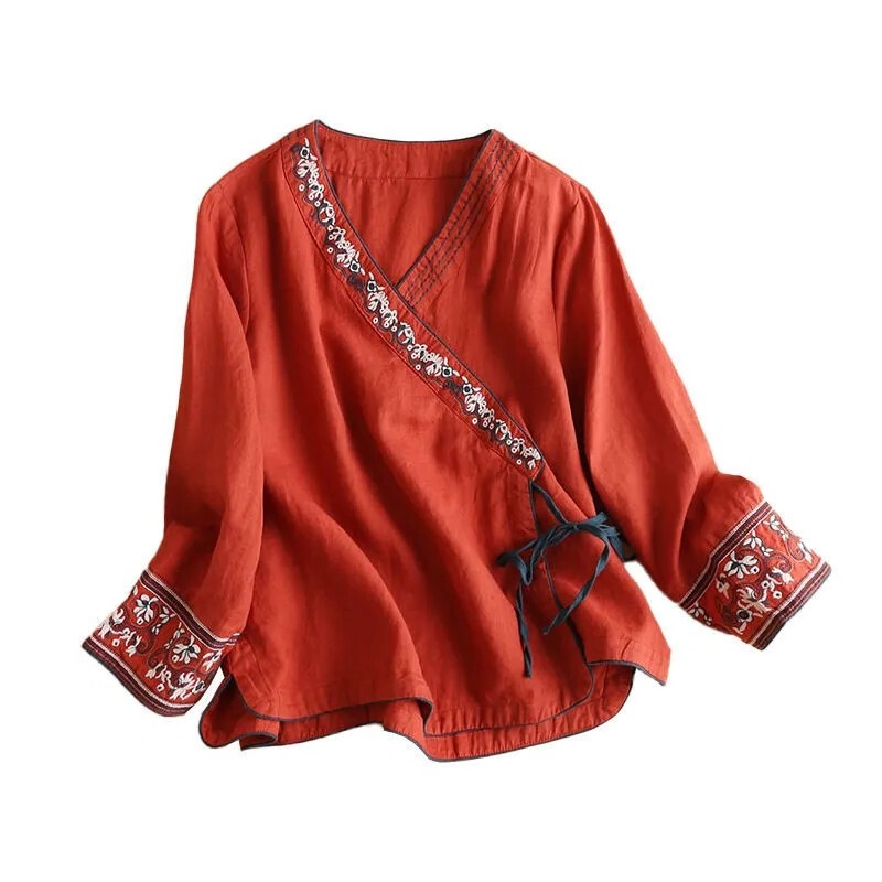 Lady Top Chinese Shirt Blouse Floral Hanfu Embroidery Floral Casual Ethnic Retro