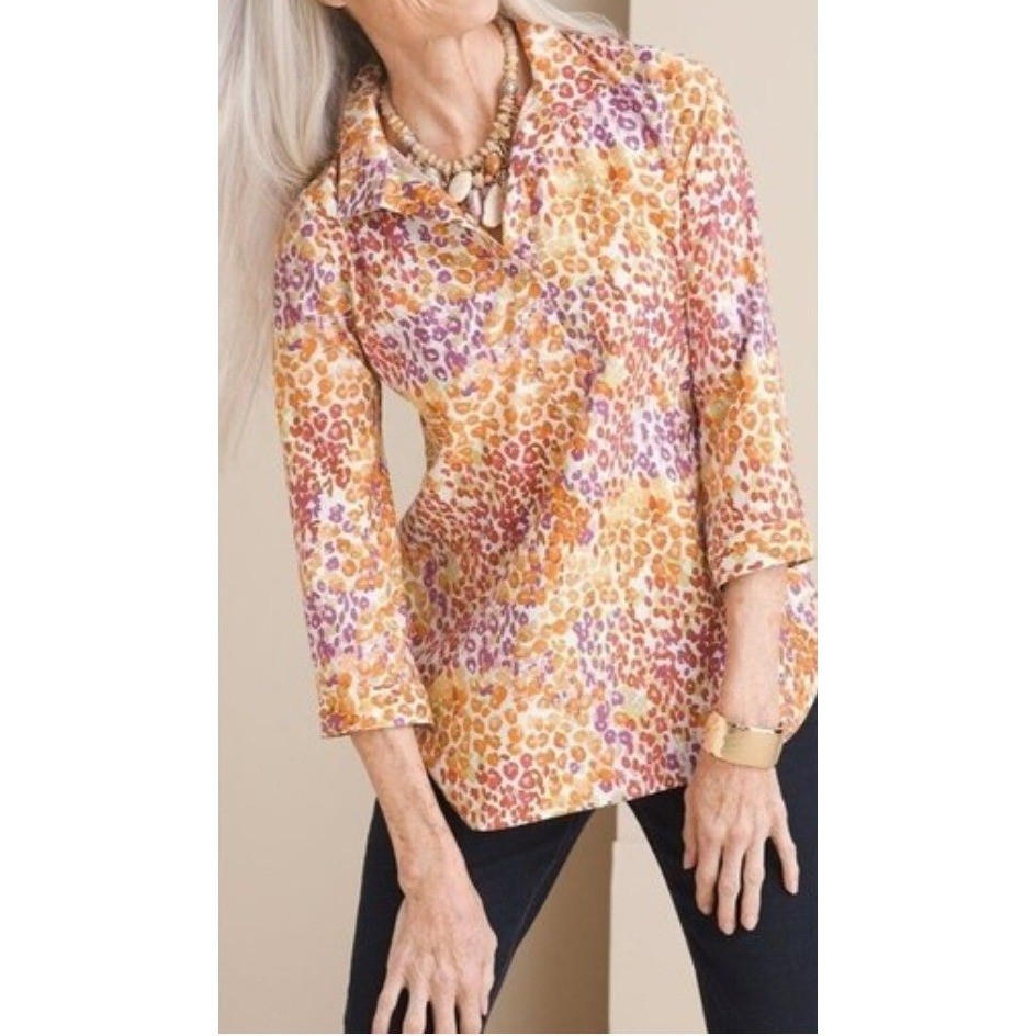 Chicos No-Iron Colorful Animal Print Back Button Popover Blouse Sz 3/XL 16-18