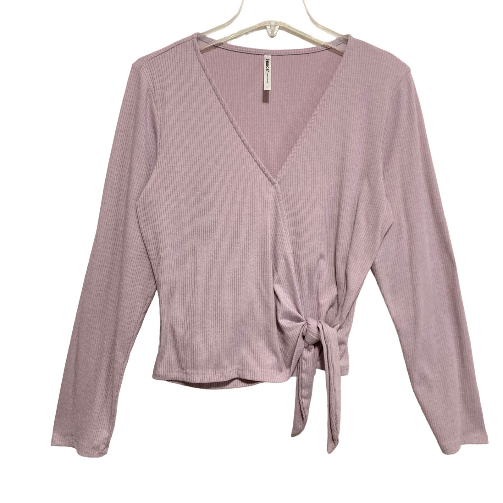 Tresics Knit Crop Wrap Top Womens Size Large Purple Long Sleeve Tie Knot Front