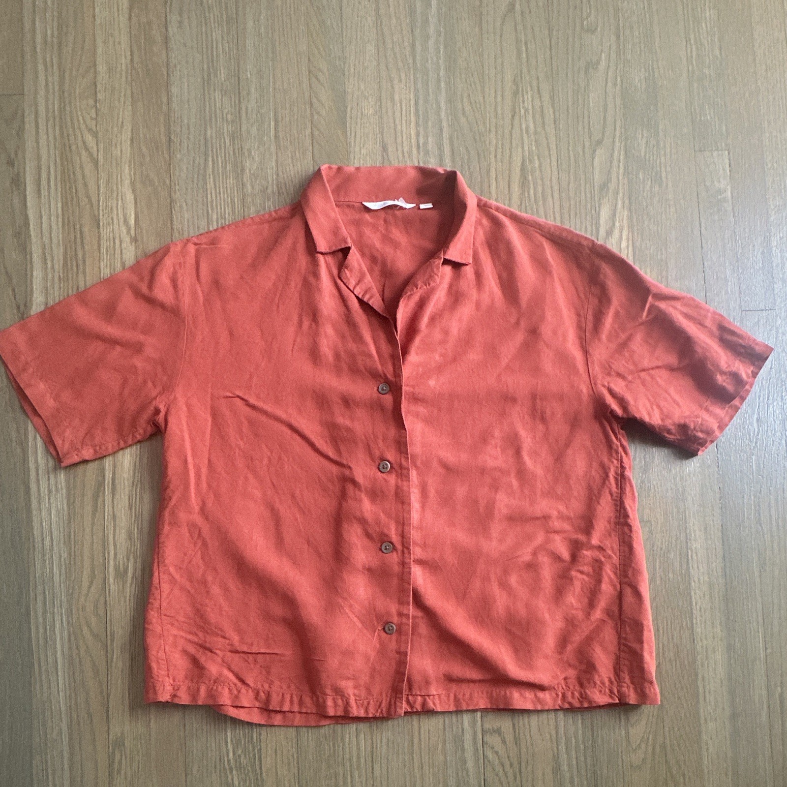 Uniqlo Women’s XS/S Regular Orange Red Woven Rayon Linen Short Sleeve Button-Up