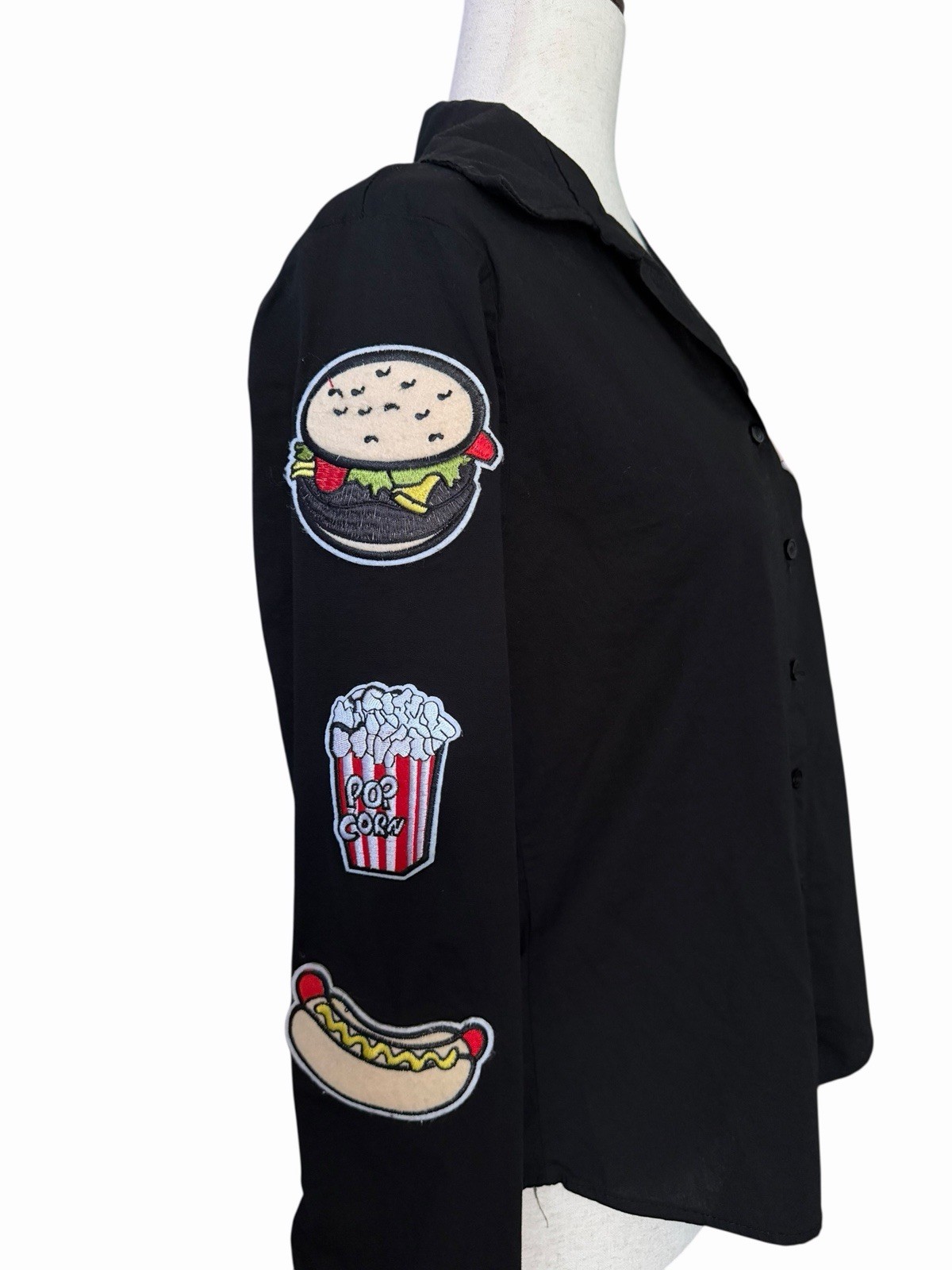 Black Pop Art Fast Food Button-Up Shirt Sz Small Patches Kitsch Retro Novelty