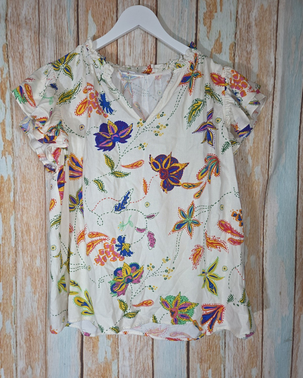 Sugarlips Cream Multicolor Floral Ruffle Flutter Short Sleeve V-Neck Blouse 1X