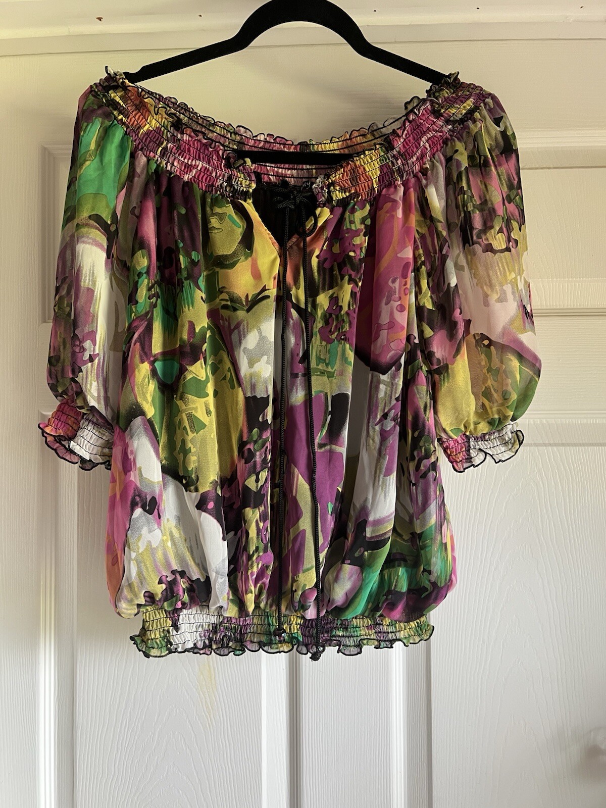 Y2K Simply French Off The Shoulder Sheer Cropped Short sleeve Blouse Colorful M