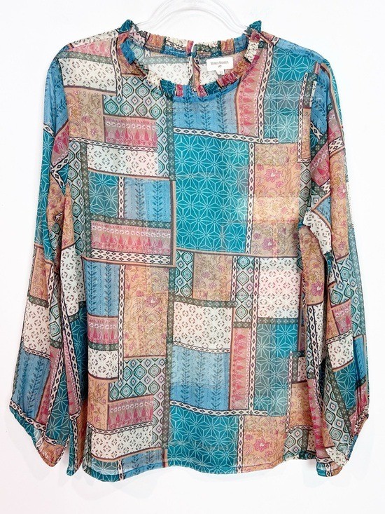 WORLD MARKET TAN RED TEAL BLUE SEMI SHEER BOHO PLEATED NECKLINE BLOUSE SZ L/XL
