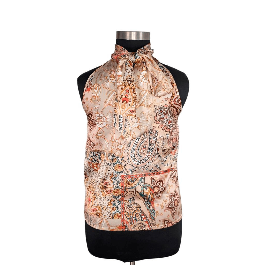 Rachel Zoe L Orange Paisley Tie Neck Top Sleeveless Satin 70s Retro Career Boho