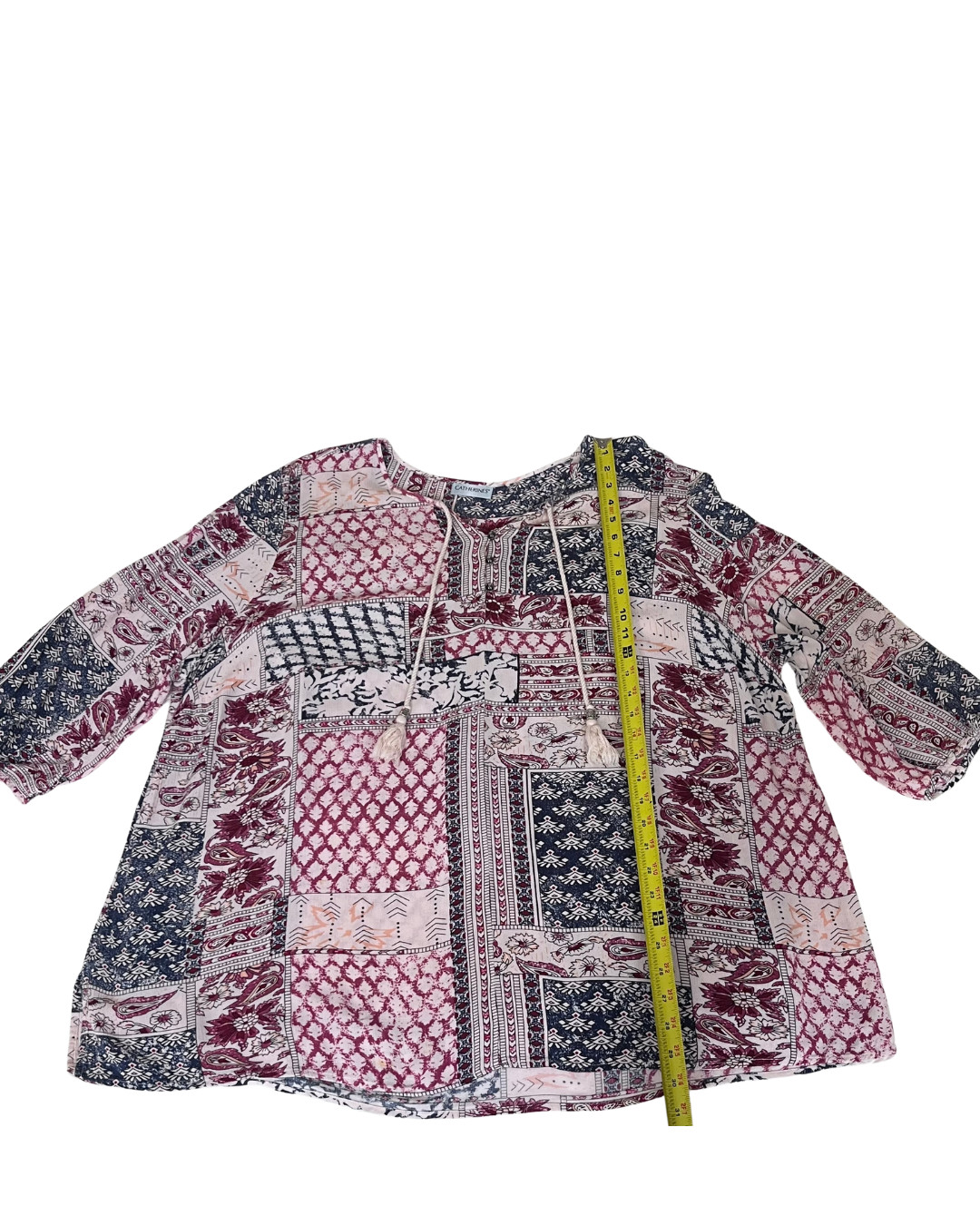 Catherines Women’s Plus Size Patchwork Print Peasant Boho Tunic Top 3/4 Sleeve